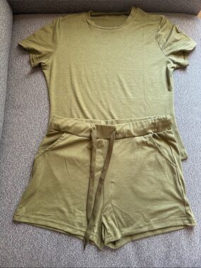 Olive Green Lounge Tee and Drawstring Shorts Set